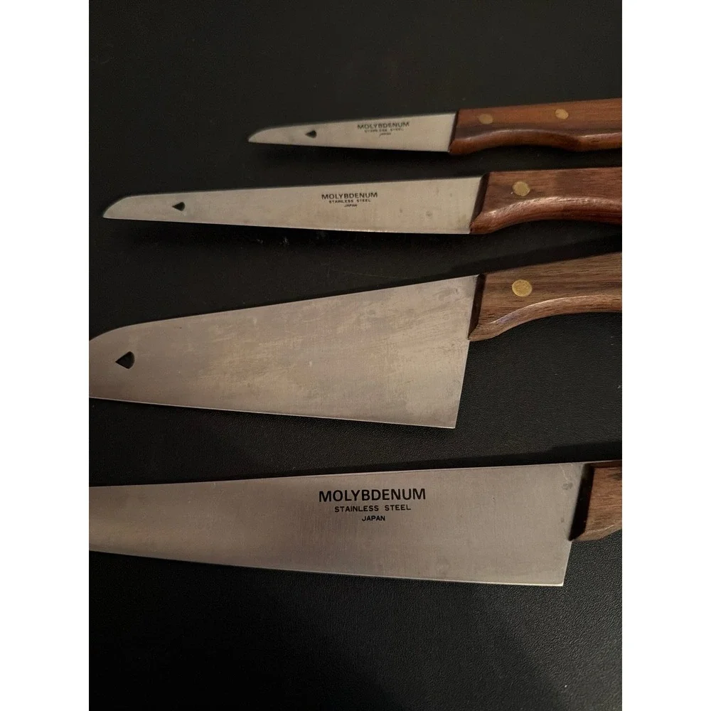Molybdenum Stainless Steel Knife Set 4pc Japan Wood Handle Brass Rivets Vintage